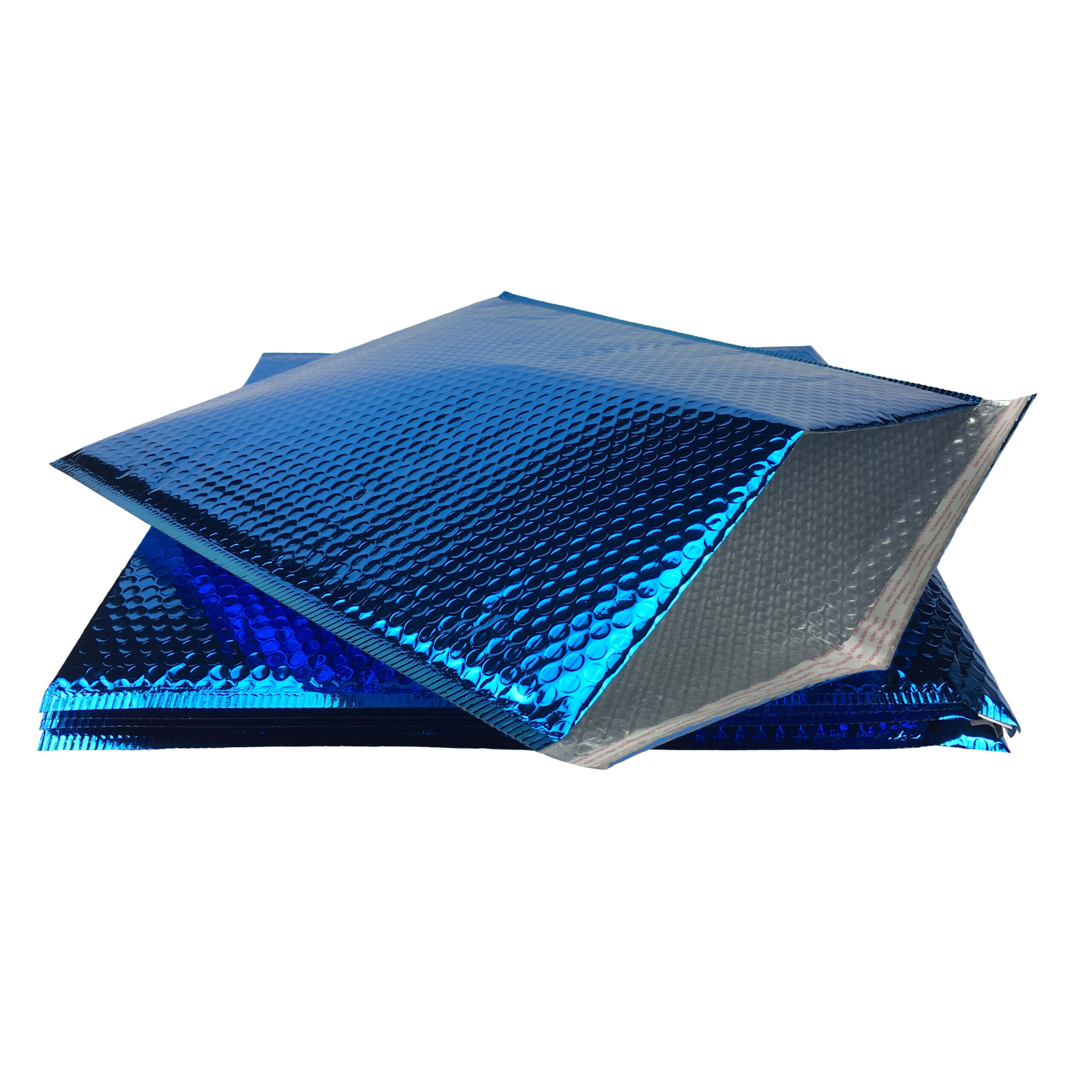 Two metallic blue thermal emergency blankets folded together.