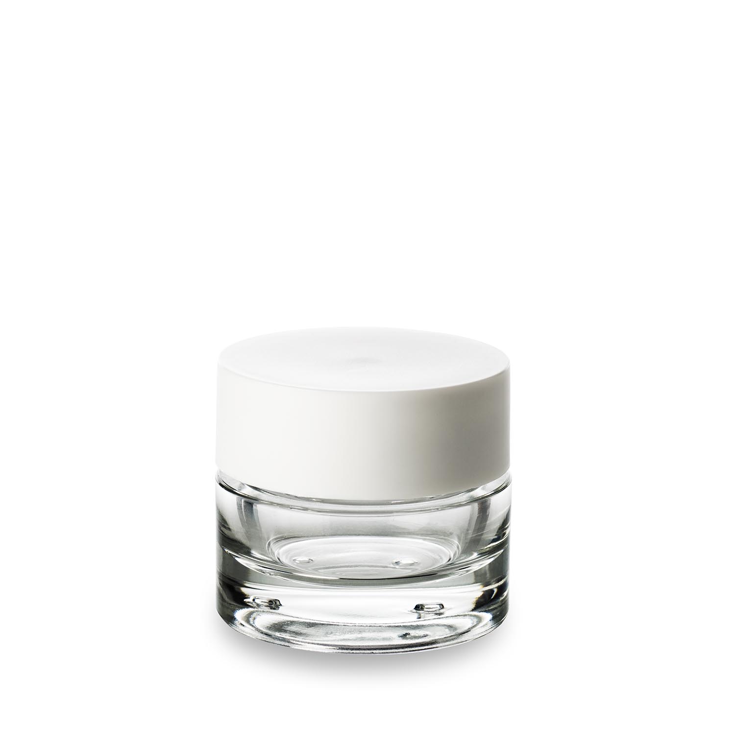 Empty glass jar with white lid.