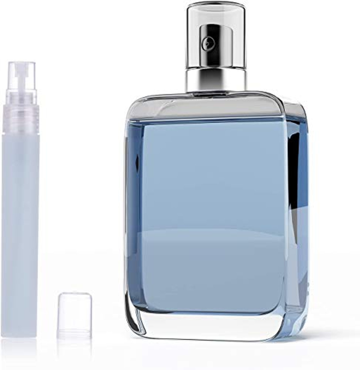 A sleek perfume bottle with a light blue liquid and a small spray vial next to it.