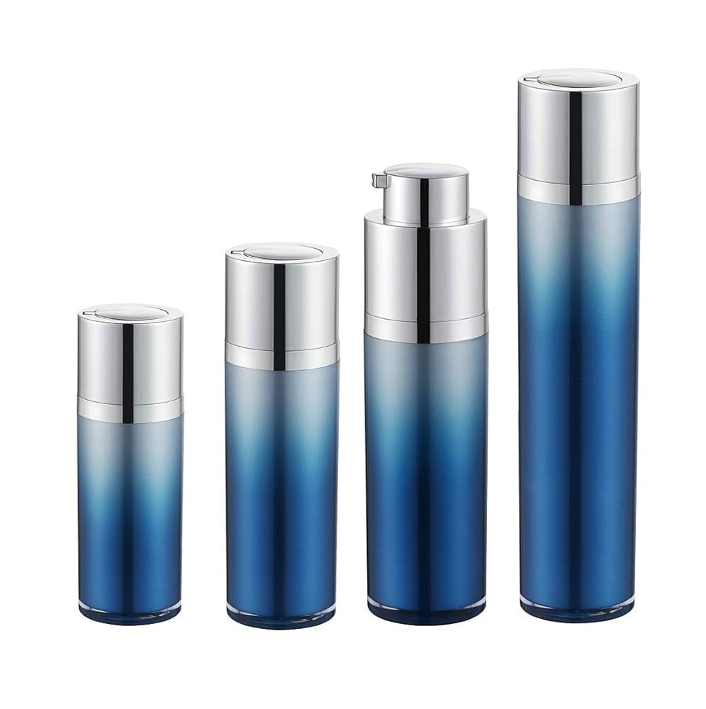 Set of four gradient blue skincare bottles with silver caps.