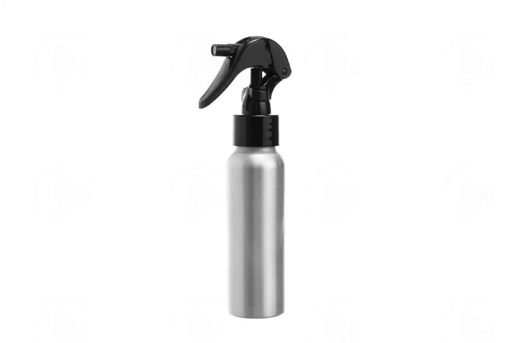 Silver spray bottle with a black trigger nozzle.