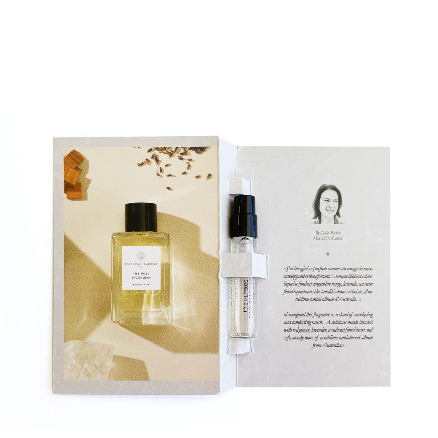 Luxury perfume sample with elegant packaging and detailed product information.