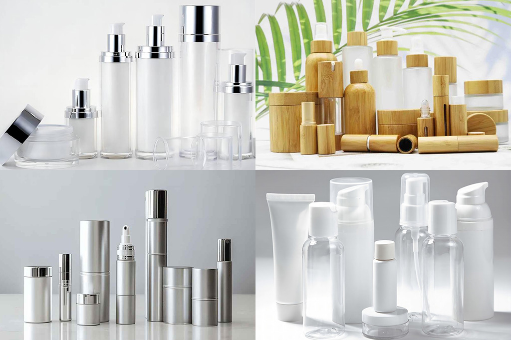 Various empty cosmetic bottles and containers arranged neatly.