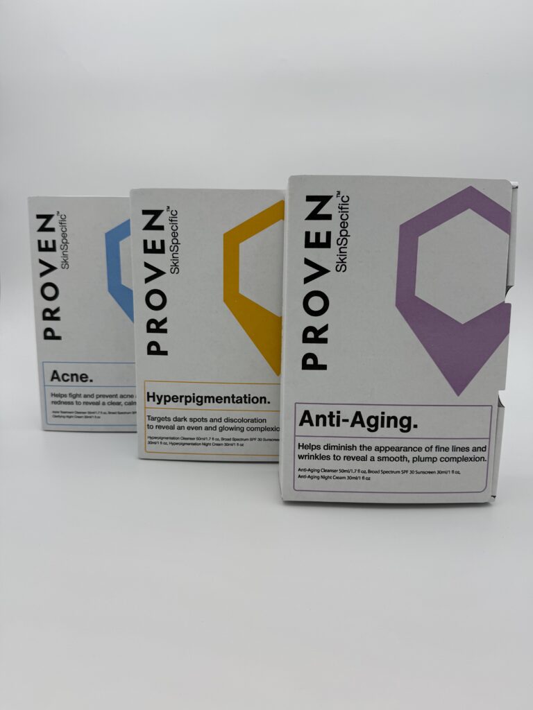 Three Proven brand skincare boxes labeled Acne, Hyperpigmentation, and Anti-Aging.