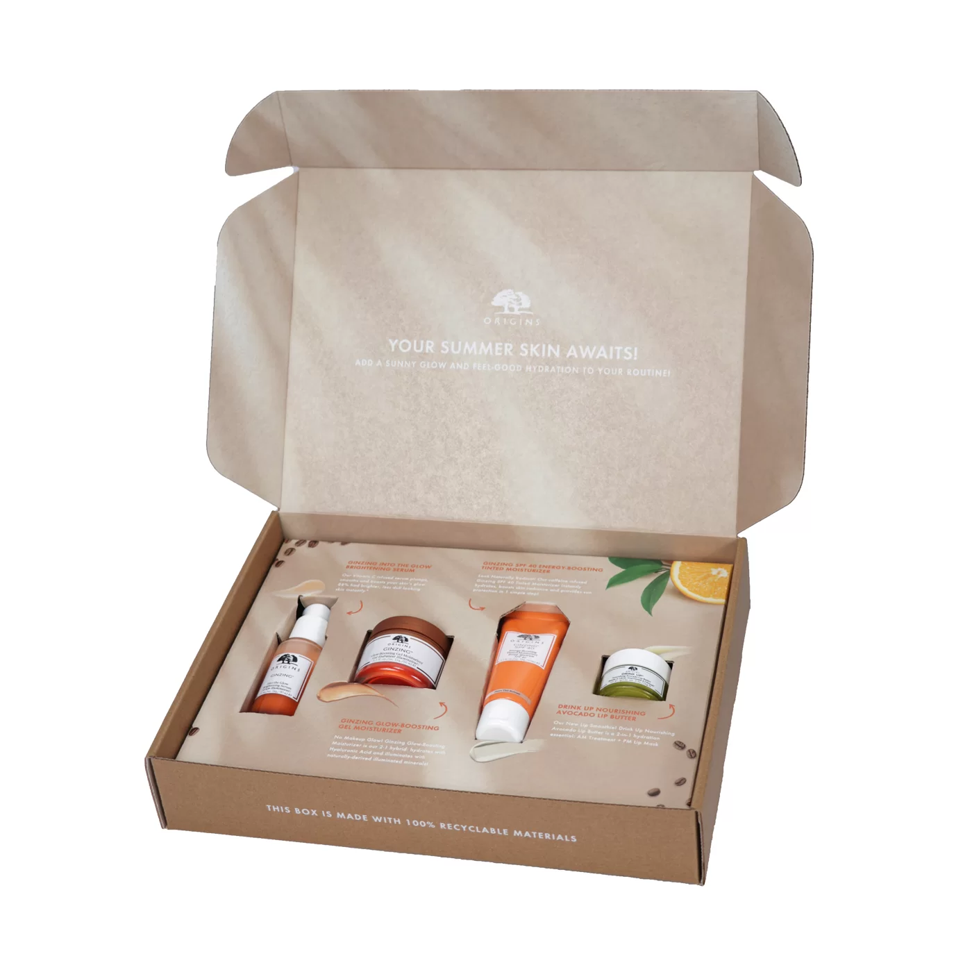 Open cardboard box with skincare products inside.