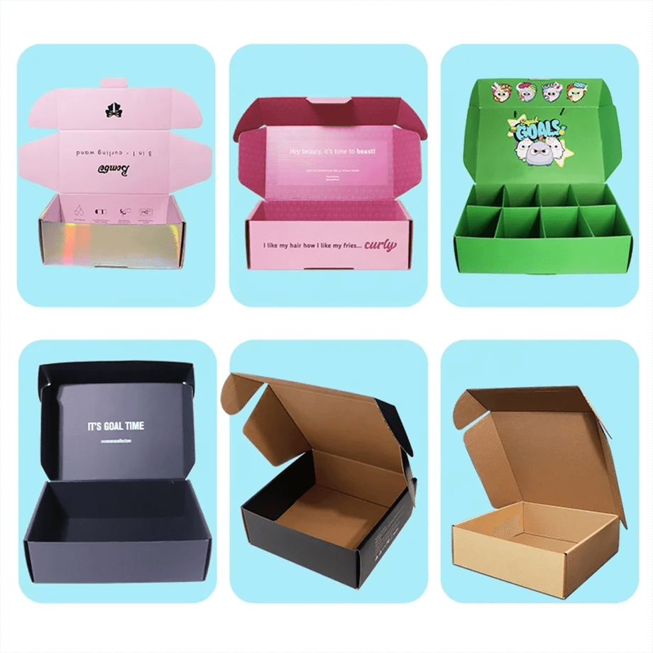 Six different styles of cardboard and paperboard boxes shown in a grid.