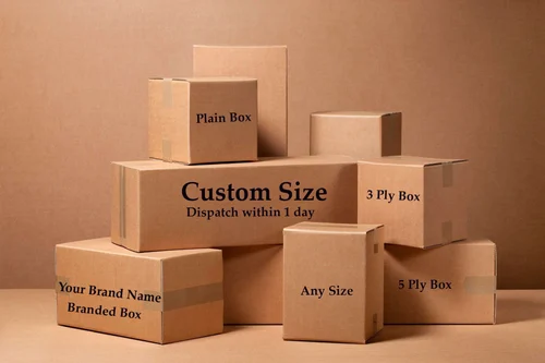 Stacked cardboard boxes with custom size and branding options.