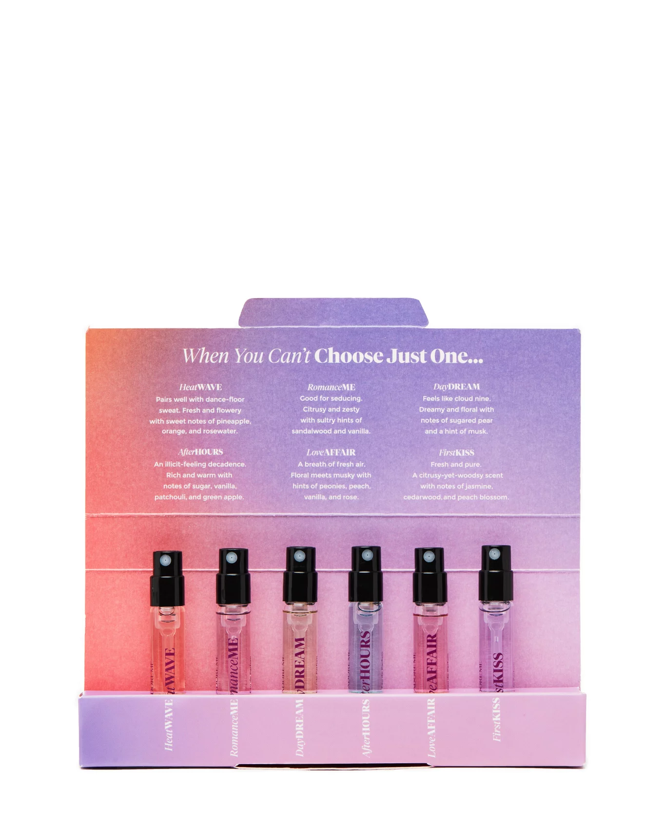 A display of six colorful lip glosses in gradient shades from pink to mauve.