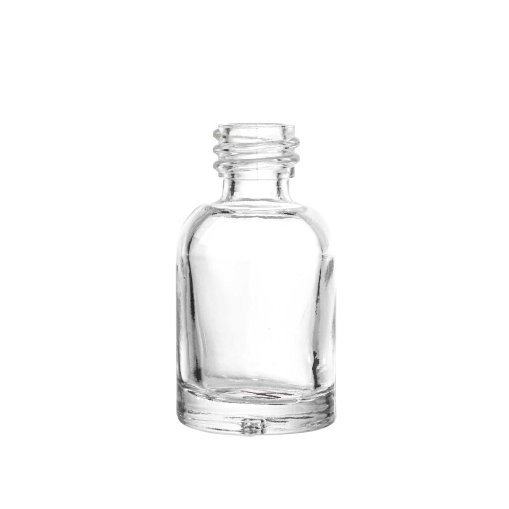 A small clear glass bottle with an open top.